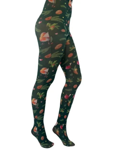 Christmas Robin Green Curvy Super Stretch Strømpebukser Grøn -PM Female 4XL - STR. 56-58
