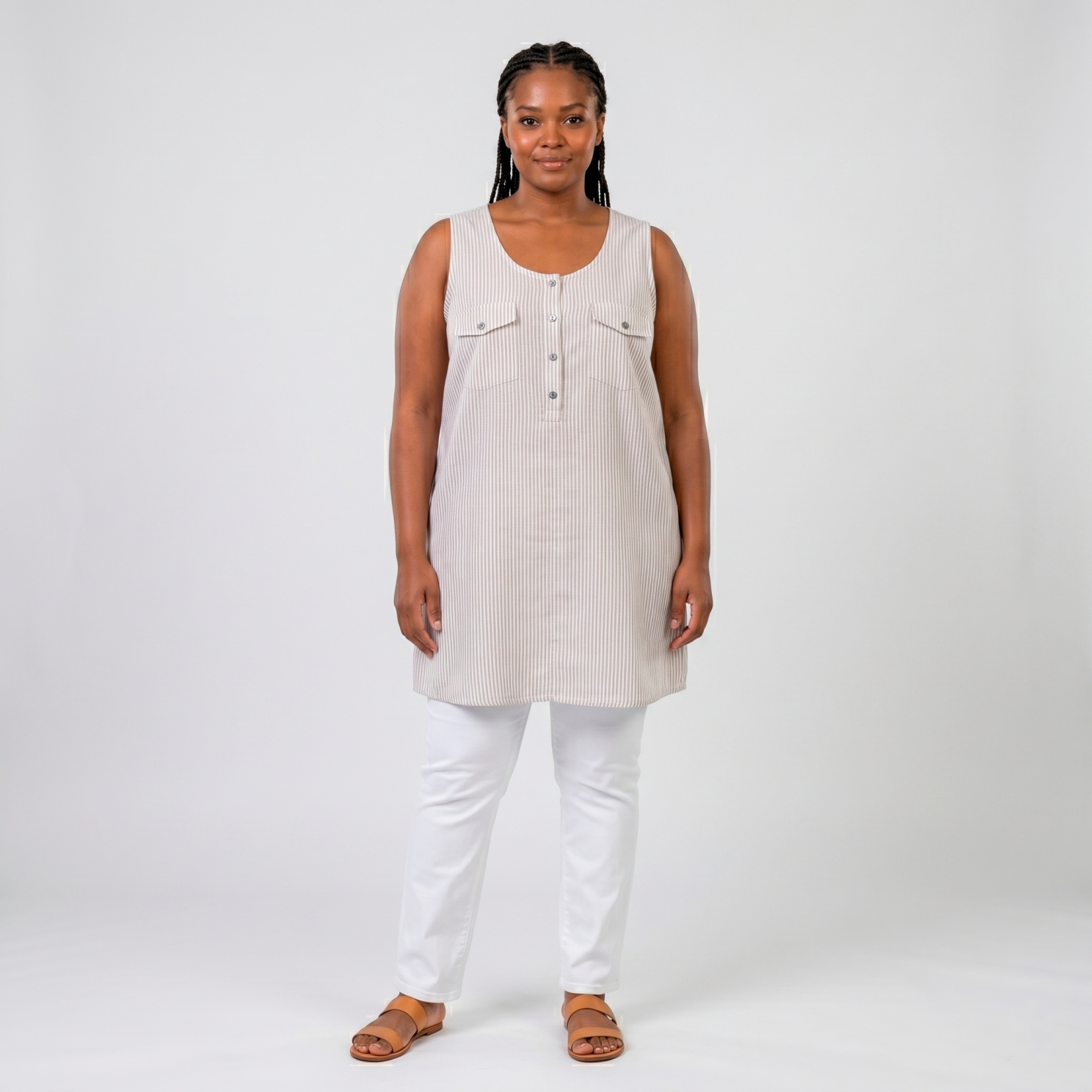 Zbyz Dame Tunika Uden ærmer Beige Stripe 46 48